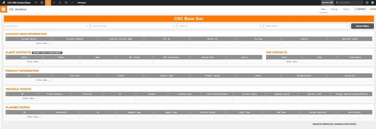 La webapp CSC Database : en-tête, barre de recherche et premières lignes du tableau interne.