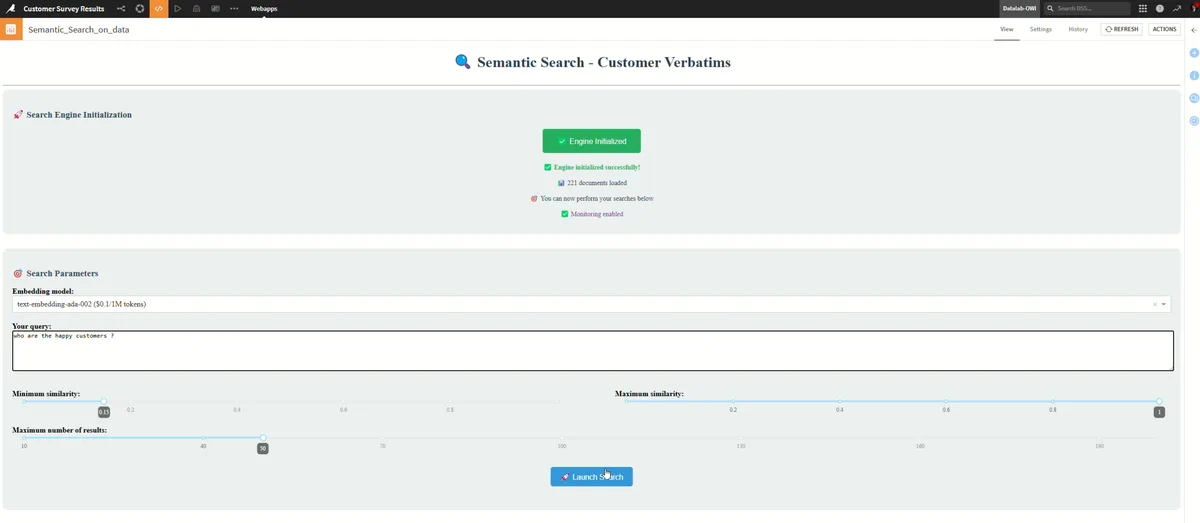 Webapp Semantic Search - Customer Verbatims dans Dataiku : moteur initialisé, 221 documents chargés, choix du modèle d’embedding et requête en langage naturel.